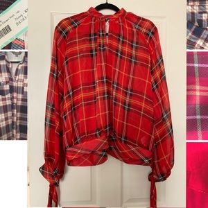 NWT! 7th Ave Plaid Mock Neck Blouse w/ Tie Sleeves